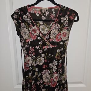 refuge Black Floral Wrap Tunic with Pink Trim